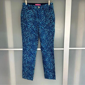 Lilly Pulitzer Cotton Kelly Ankle‎ Pants Turquoise Blue Cheetah Print Size 6
